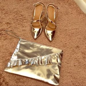 Silver Metallic Slingback Heels with Matching Bag